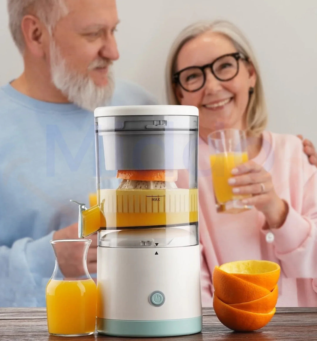 "Elektrische Zitruspresse mit Saftauffangbehälter für schnelles Entsaften von Orangen und Zitronen, ideal für Frischsaft-Lieb