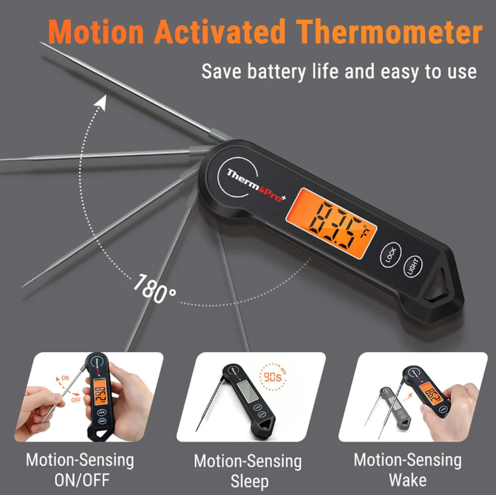 Elektronisches Küchenthermometer mit beleuchtetem Display und klappbarer Sonde für präzise Temperaturmessung.