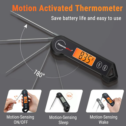 Elektronisches Küchenthermometer mit beleuchtetem Display und klappbarer Sonde für präzise Temperaturmessung.