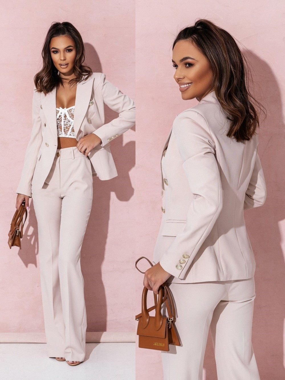 "Elisea Damen Blazer Set, elegant mit zeitlosem Schnitt; grauer Blazer und Hose, perfekte Wahl für Sommeranlässe."