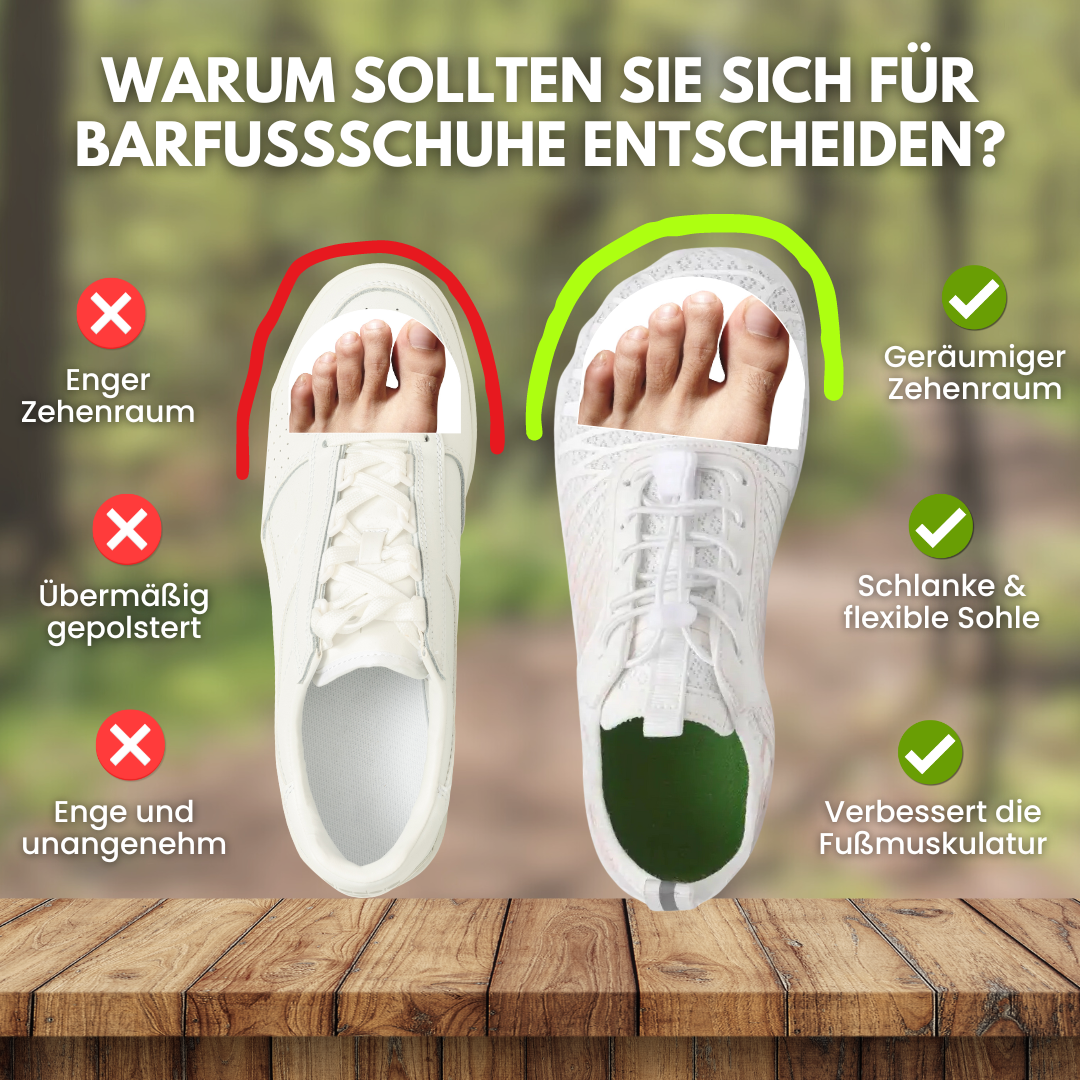 "Ergonomische Barfußschuhe für Frauen, atmungsaktives Material, breiter Zehenraum, designed für gesunde Bewegung und Komfort"