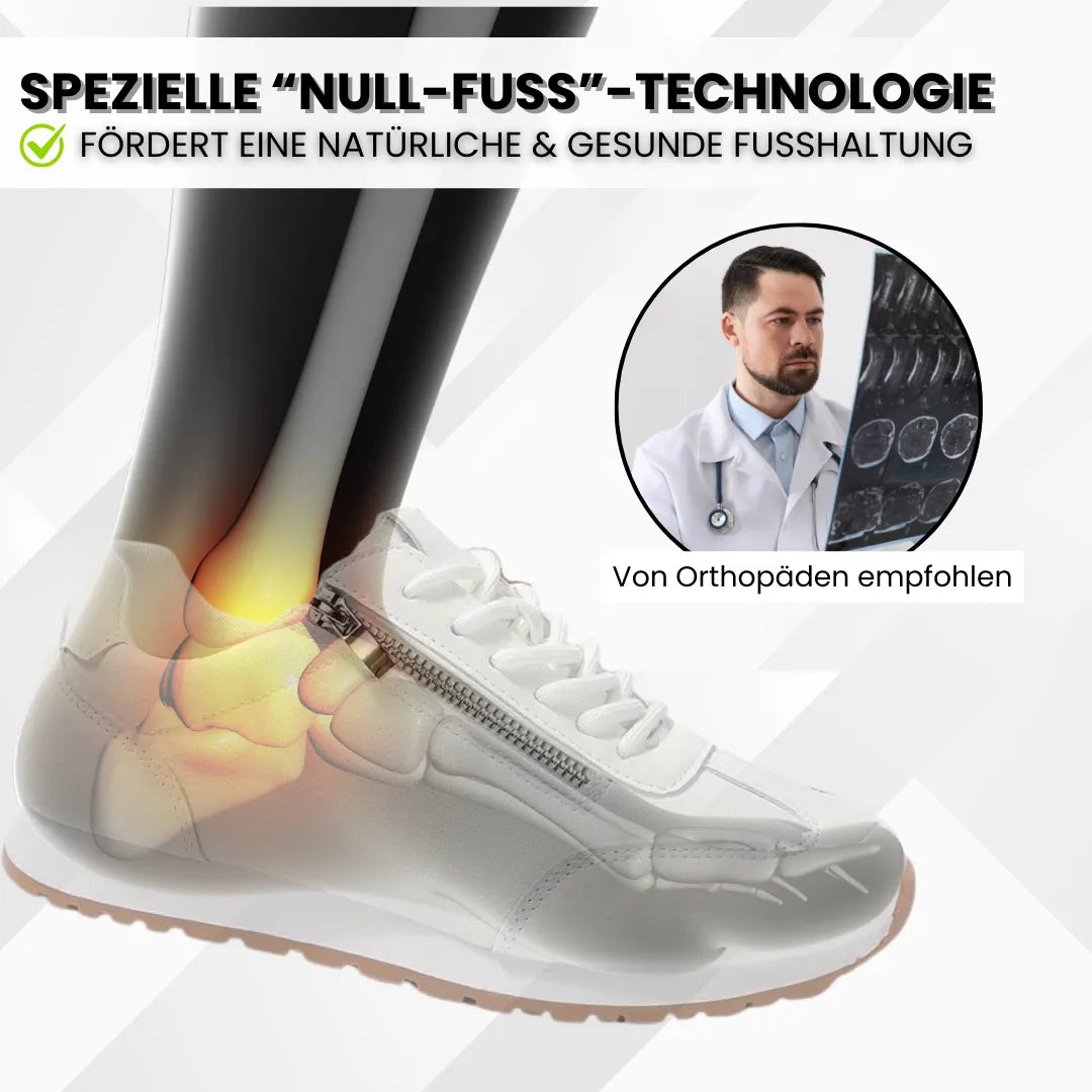 "Ergonomische Damen-Schuhe OrthoCareX, grau, atmungsaktives Material, rutschfeste Sohle, breiter Zehenraum für Komfort."