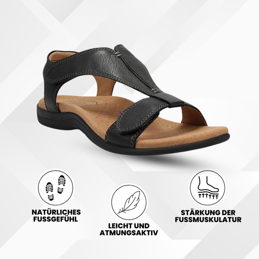 Ergonomische Damensandalen mit rutschfester Sohle, beige und federnd, unterstützen Fußausrichtung für maximalen Komfort.