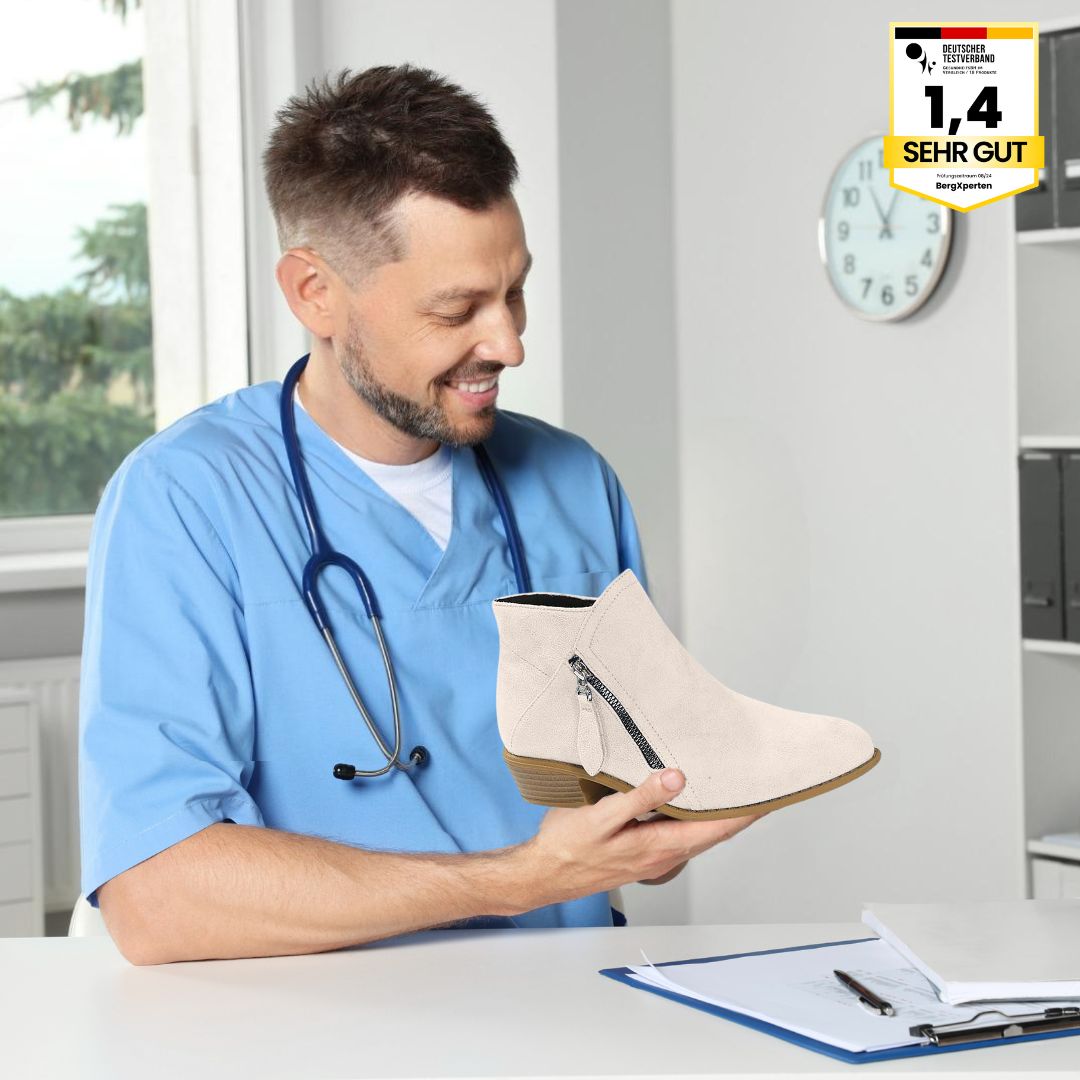 "Ergonomische Damenstiefelette, braun, flexible Sohle, stabiler Halt, orthopädisch empfohlen für schmerzfreies Gehen."