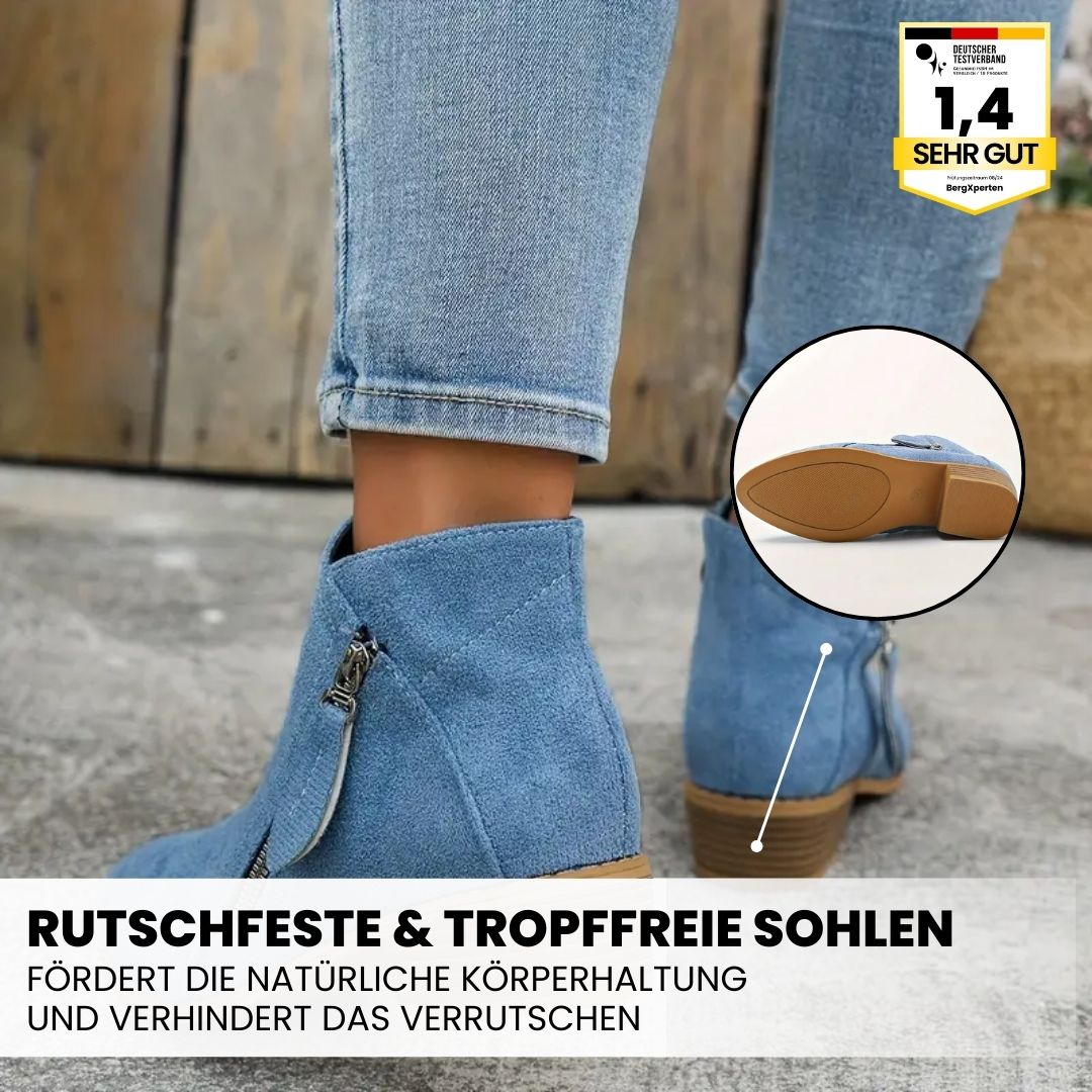 "Ergonomische Damenstiefelette, braun, flexible Sohle, stabiler Halt, orthopädisch empfohlen für schmerzfreies Gehen."