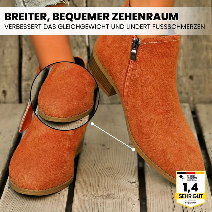 "Ergonomische Damenstiefelette, braun, flexible Sohle, stabiler Halt, orthopädisch empfohlen für schmerzfreies Gehen."