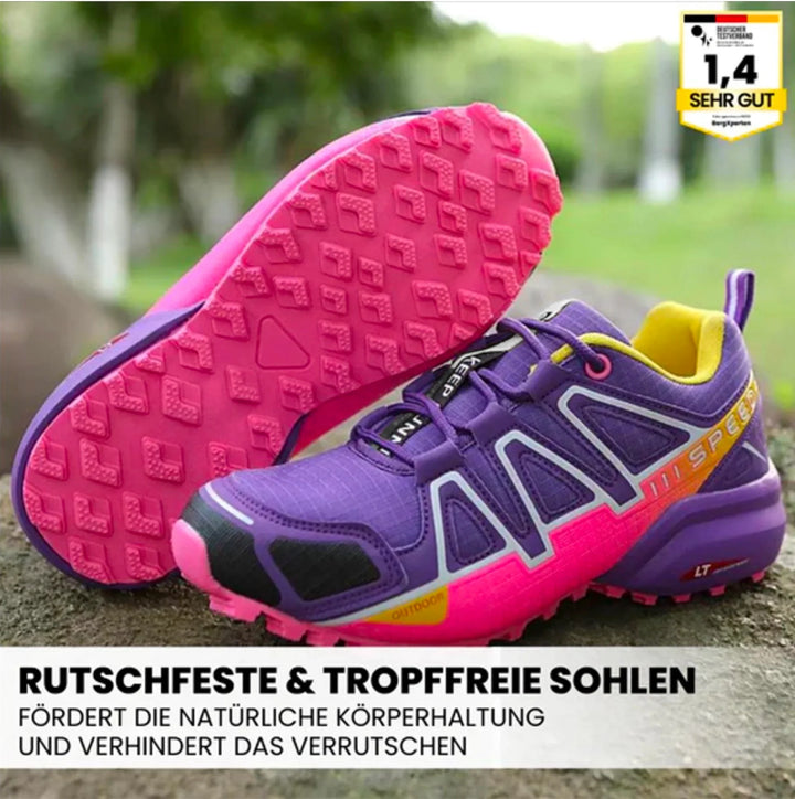 Ergonomische Trekking- und Wanderschuhe für Damen, braun mit rutschfester Sohle und atmungsaktivem Gewebe.