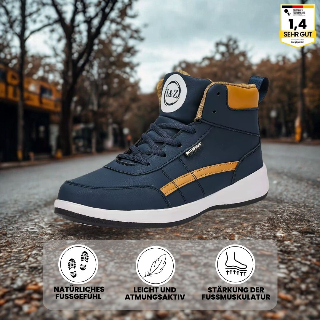 "Ergonomischer Damenschuh, rutschfest, komfortabel, moderner Look, blau schwarz weiß, ideal für Arbeitsumgebungen."
