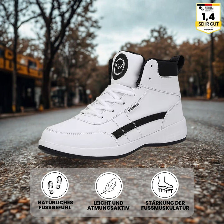 "Ergonomischer Damenschuh, rutschfest, komfortabel, moderner Look, blau schwarz weiß, ideal für Arbeitsumgebungen."
