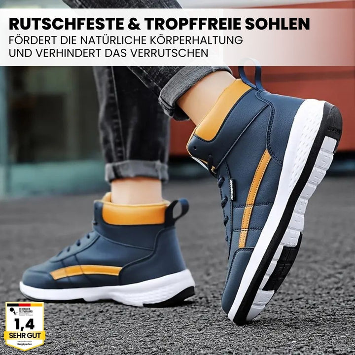 "Ergonomischer Damenschuh, rutschfest, komfortabel, moderner Look, blau schwarz weiß, ideal für Arbeitsumgebungen."