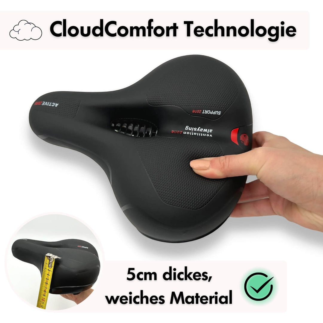 "Ergonomischer Fahrradsattel mit dämpfender Gel-Technologie und atmungsaktiver Oberfläche für maximalen Komfort"
