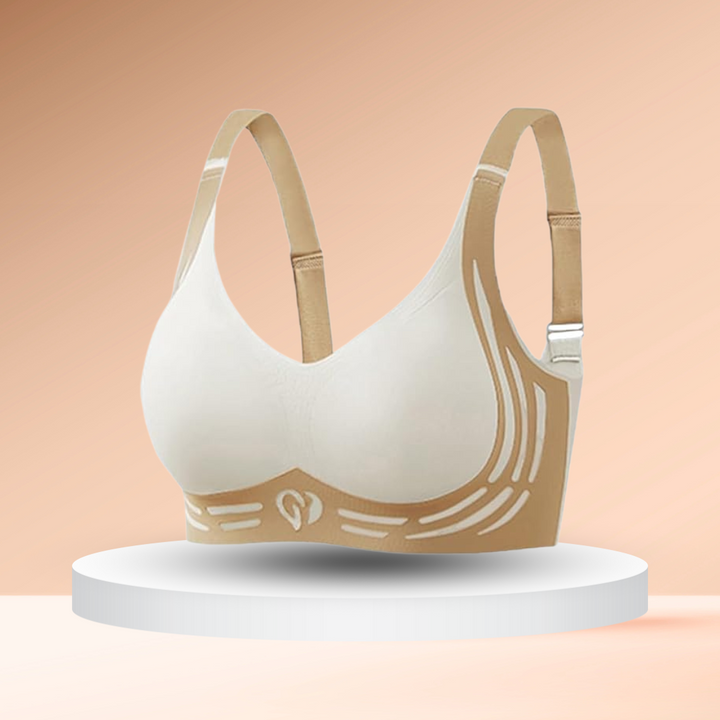 "Ergonomischer Komfort-BH ohne Bügel, nahtlos in Beige mit Push-Up Effekt für optimale Unterstützung und Tragekomfort."
