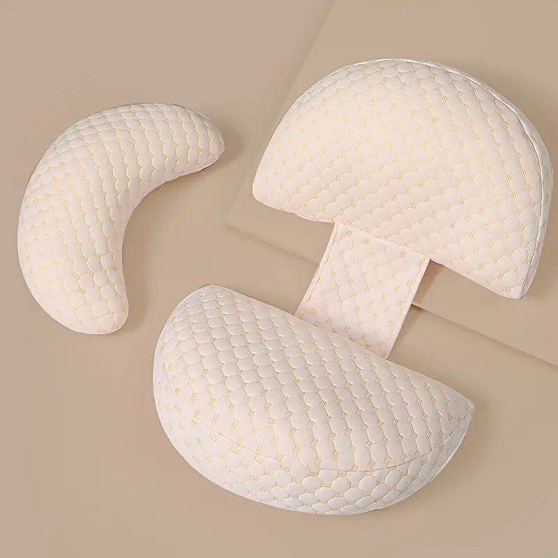 Ergonomisches Schwangerschaftskissen in Beige, doppelte Unterstützung für Bauch und Rücken, kompakt und hautfreundlich.