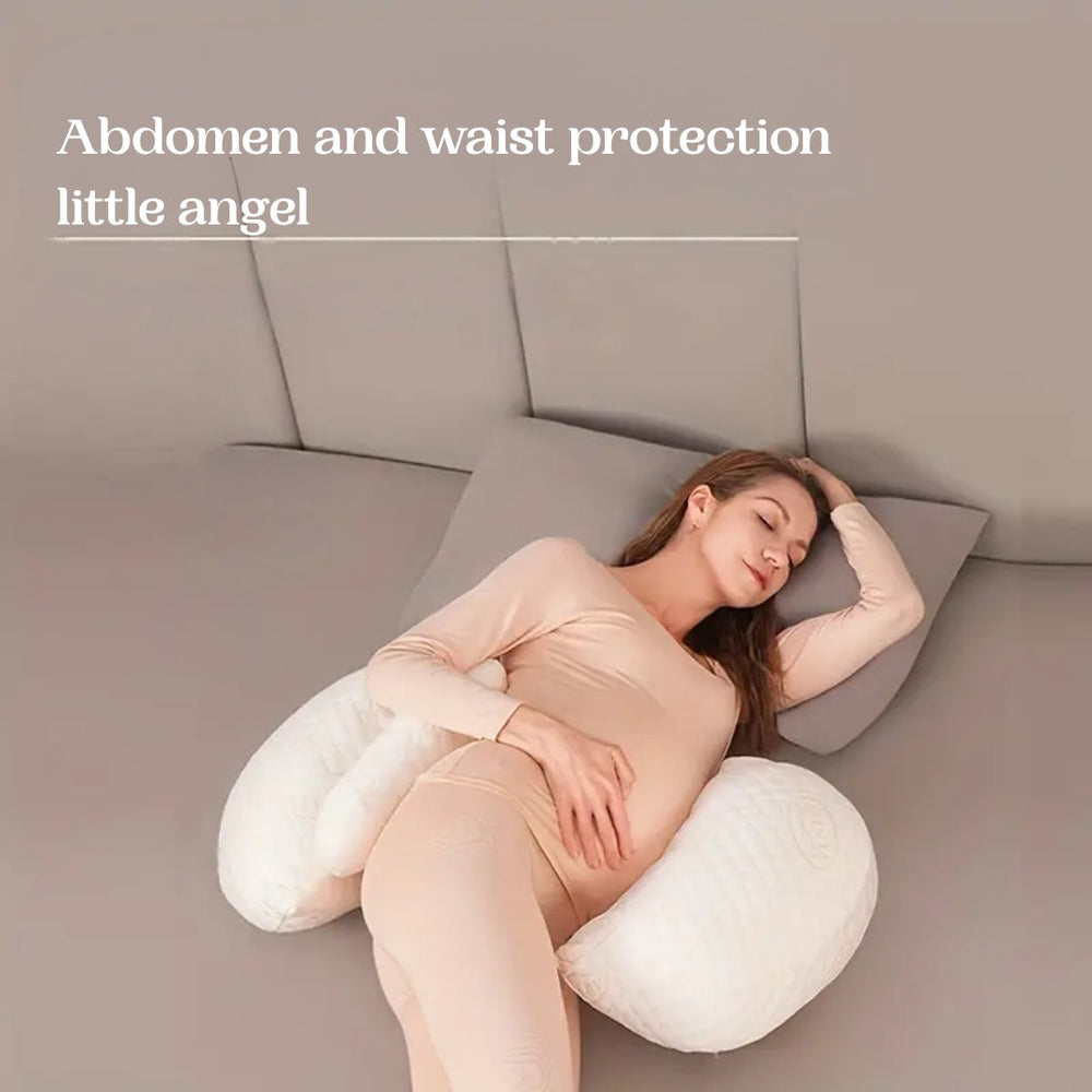 Ergonomisches Schwangerschaftskissen in Beige, doppelte Unterstützung für Bauch und Rücken, kompakt und hautfreundlich.