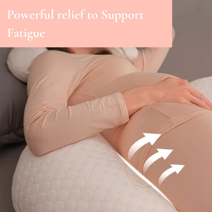 Ergonomisches Schwangerschaftskissen in Beige, doppelte Unterstützung für Bauch und Rücken, kompakt und hautfreundlich.