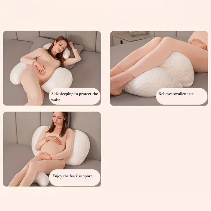 Ergonomisches Schwangerschaftskissen in Beige, doppelte Unterstützung für Bauch und Rücken, kompakt und hautfreundlich.