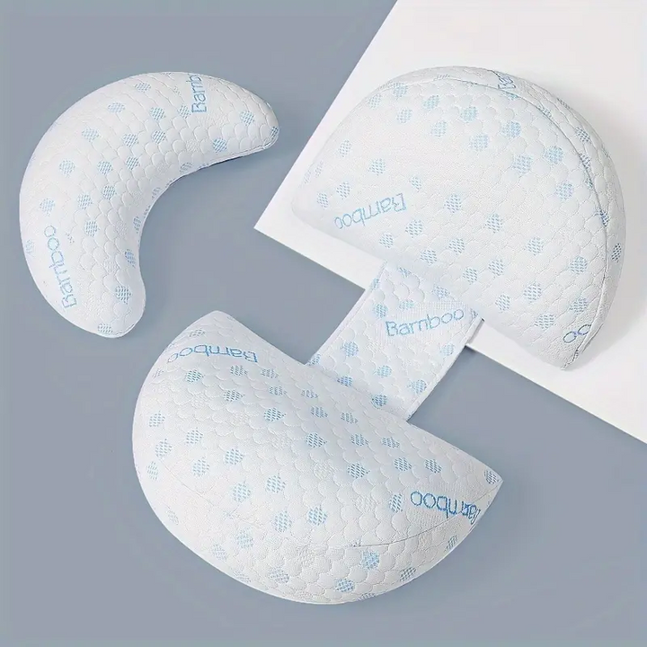 Ergonomisches Schwangerschaftskissen in Beige, doppelte Unterstützung für Bauch und Rücken, kompakt und hautfreundlich.