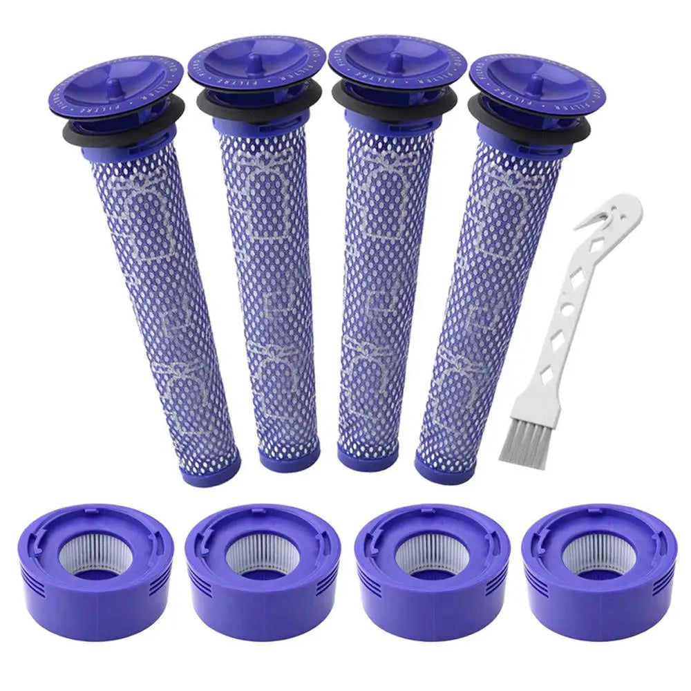 "Ersatzfilter Set für Dyson V8/V7, bestehend aus blauem HEPA-Filter und weißen Vorfiltern, sauber auf hellem Hintergrund."