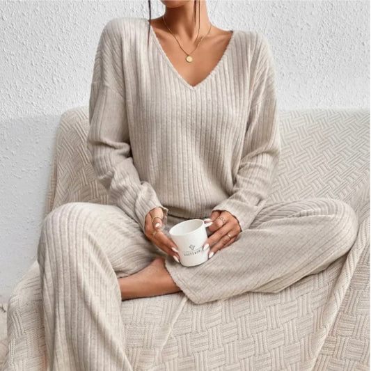 "Evangeline Lounge-Set Damen, zweiteilig, Rippmuster, beige, gemütlich, stilvoll, komfortables Relax-Set"