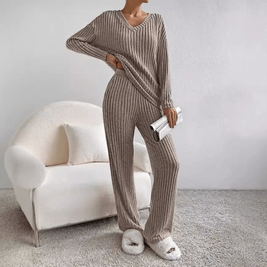"Evangeline Lounge-Set Damen, zweiteilig, Rippmuster, beige, gemütlich, stilvoll, komfortables Relax-Set"