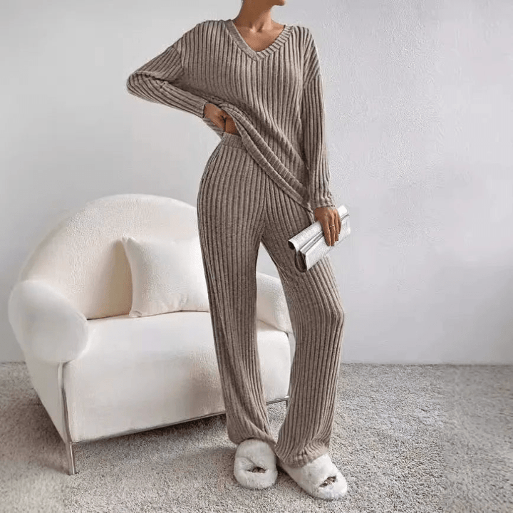 "Evangeline Lounge-Set Damen, zweiteilig, Rippmuster, beige, gemütlich, stilvoll, komfortables Relax-Set"