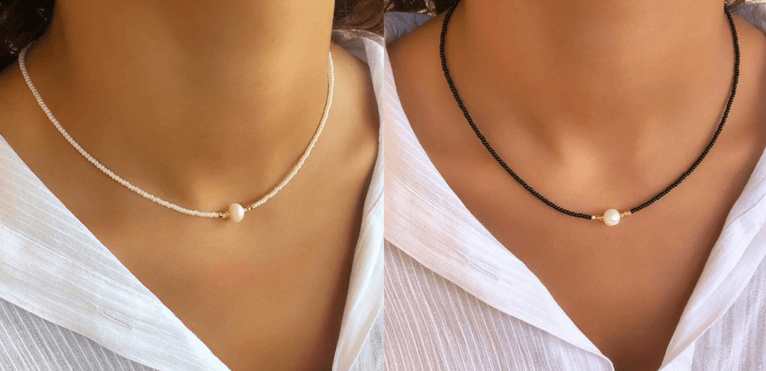 "Exklusive Perlenkette aus Süßwasserperlen für eleganten Stil, handgefertigt, verstellbar, glänzend in Perlenweiß."