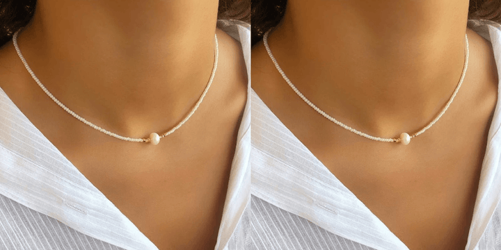 "Exklusive Perlenkette aus Süßwasserperlen für eleganten Stil, handgefertigt, verstellbar, glänzend in Perlenweiß."