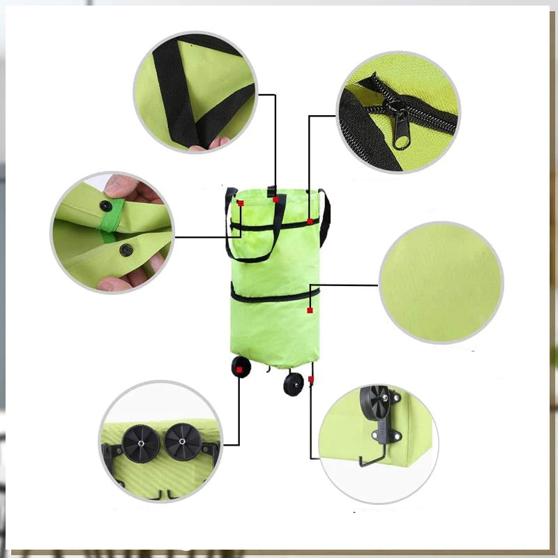 "Faltbare 2-in-1 Einkaufstasche mit Rollen, robust, praktisch und platzsparend, ideal für stressfreies Einkaufen."