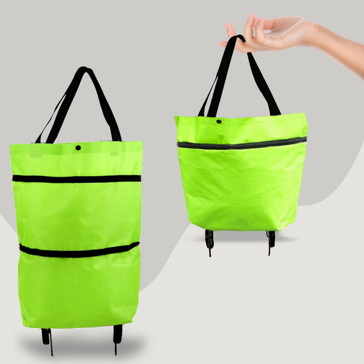 "Faltbare 2-in-1 Einkaufstasche mit Rollen, robust, praktisch und platzsparend, ideal für stressfreies Einkaufen."