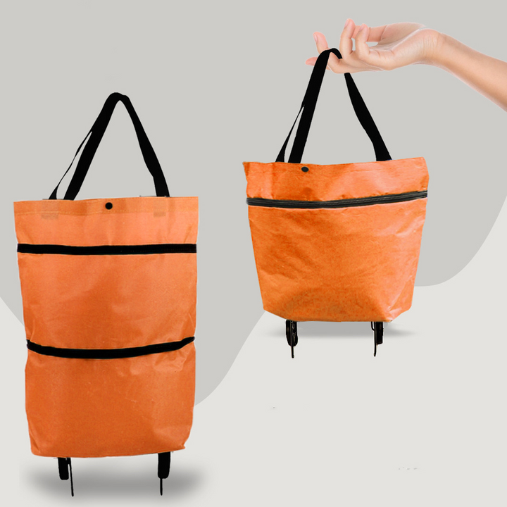 "Faltbare 2-in-1 Einkaufstasche mit Rollen, robust, praktisch und platzsparend, ideal für stressfreies Einkaufen."