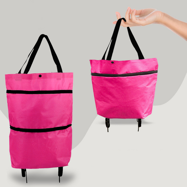 "Faltbare 2-in-1 Einkaufstasche mit Rollen, robust, praktisch und platzsparend, ideal für stressfreies Einkaufen."