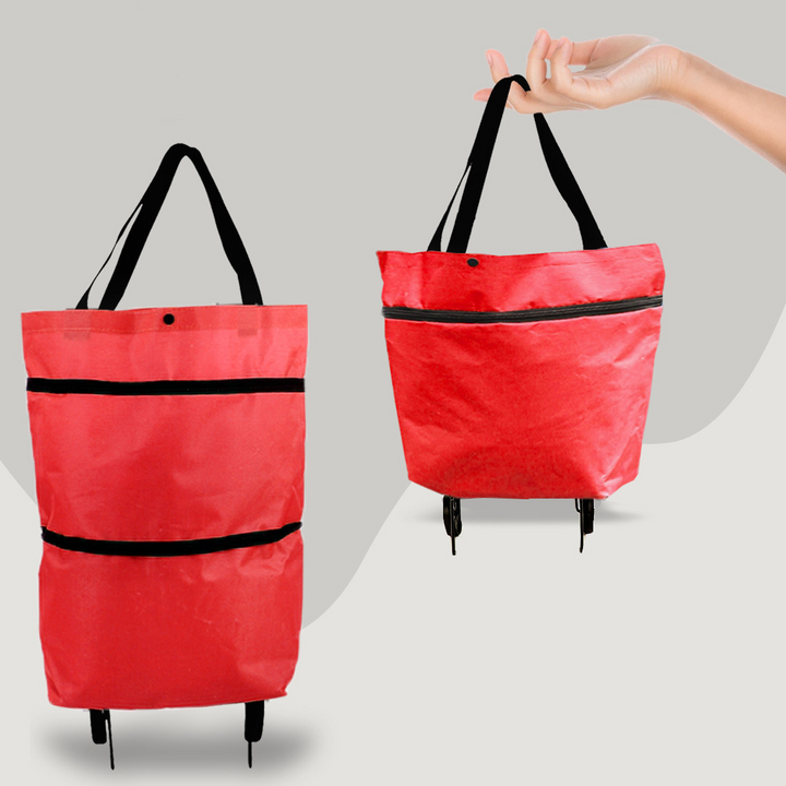 "Faltbare 2-in-1 Einkaufstasche mit Rollen, robust, praktisch und platzsparend, ideal für stressfreies Einkaufen."