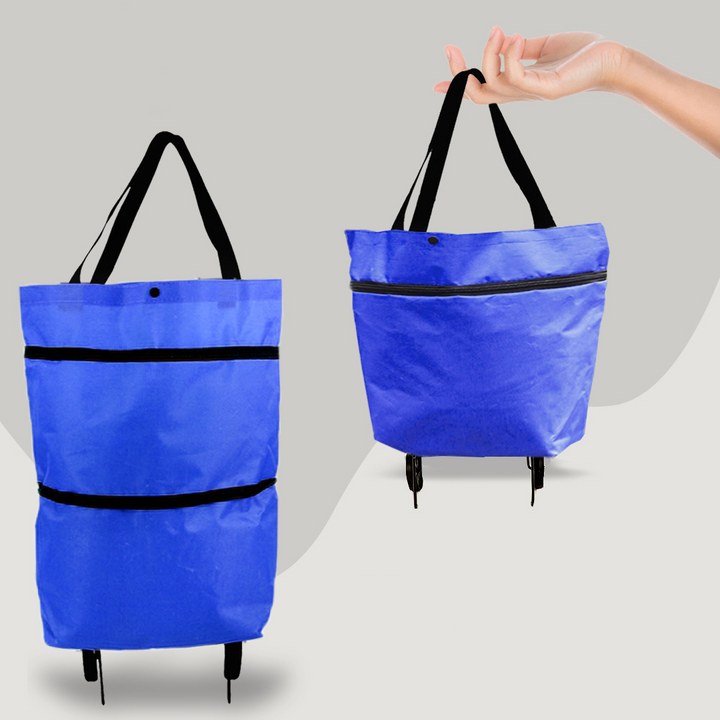 "Faltbare 2-in-1 Einkaufstasche mit Rollen, robust, praktisch und platzsparend, ideal für stressfreies Einkaufen."