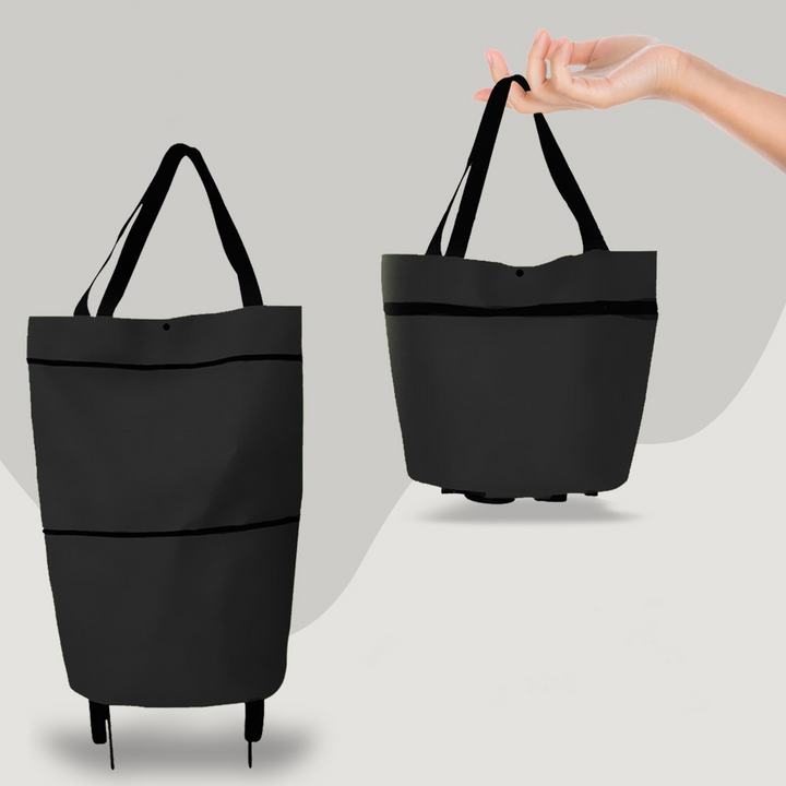 "Faltbare 2-in-1 Einkaufstasche mit Rollen, robust, praktisch und platzsparend, ideal für stressfreies Einkaufen."