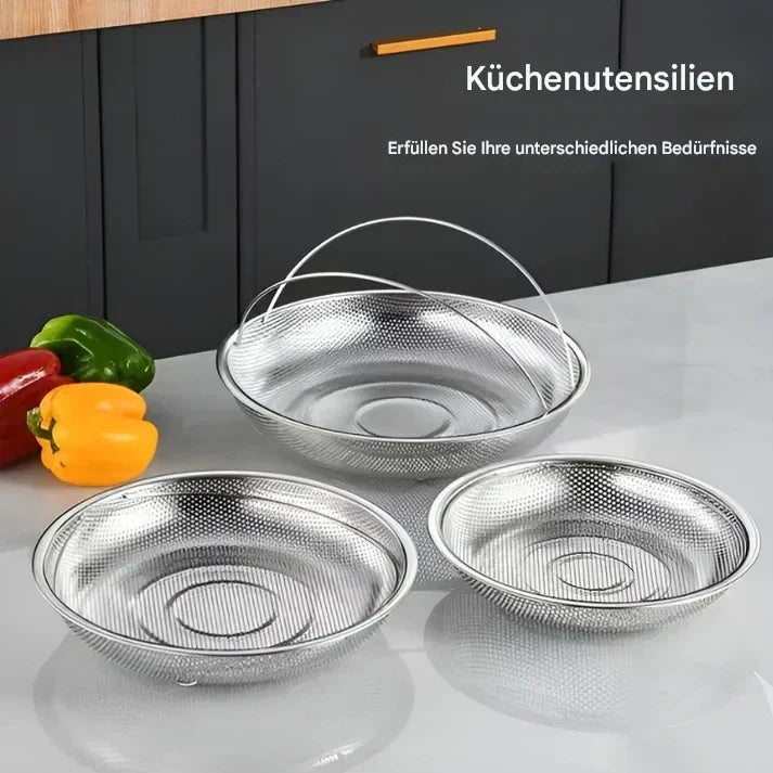 Faltbarer Edelstahl-Dampfkorb für Gemüse, Fisch oder Reis, glänzend, vielseitig als Sieb & Abtropfschüssel.