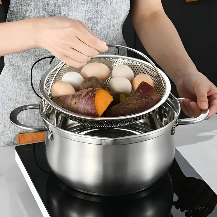 Faltbarer Edelstahl-Dampfkorb für Gemüse, Fisch oder Reis, glänzend, vielseitig als Sieb & Abtropfschüssel.