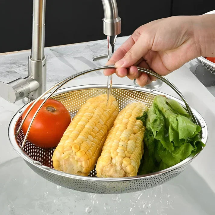 Faltbarer Edelstahl-Dampfkorb für Gemüse, Fisch oder Reis, glänzend, vielseitig als Sieb & Abtropfschüssel.