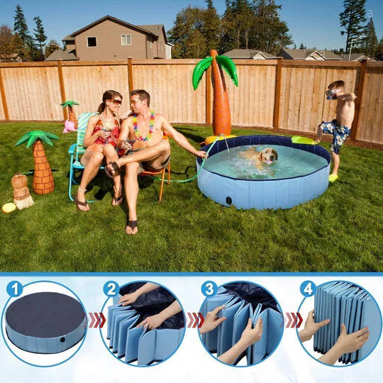"Faltbarer Hunde-Pool, gefüllt mit Wasser, im Garten; bietet Abkühlung für Hunde an heißen Tagen, strapazierfähig und platzsp
