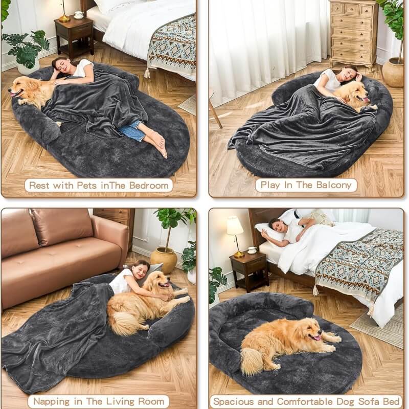 Flauschiges, großes orthopädisches Nackenrollenbett für Mensch und Hund, ergonomisch, aus weichem Plüschmaterial.