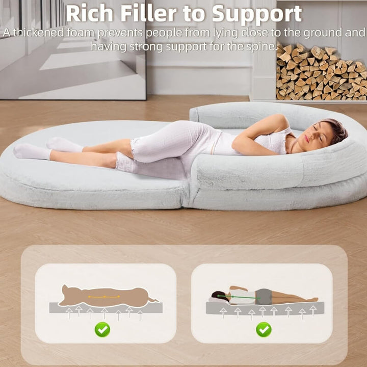 Flauschiges, großes orthopädisches Nackenrollenbett für Mensch und Hund, ergonomisch, aus weichem Plüschmaterial.