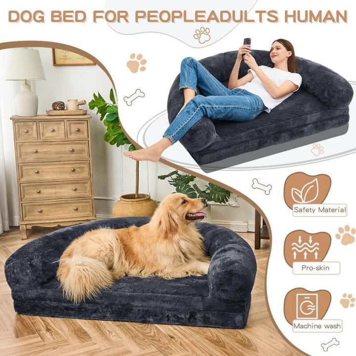 Flauschiges, großes orthopädisches Nackenrollenbett für Mensch und Hund, ergonomisch, aus weichem Plüschmaterial.