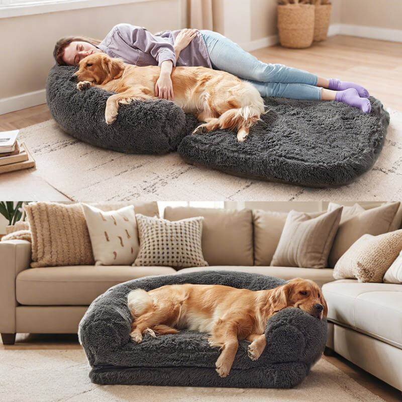 Flauschiges, großes orthopädisches Nackenrollenbett für Mensch und Hund, ergonomisch, aus weichem Plüschmaterial.