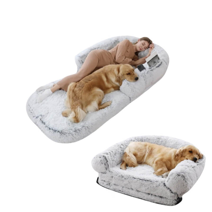 Flauschiges, großes orthopädisches Nackenrollenbett für Mensch und Hund, ergonomisch, aus weichem Plüschmaterial.