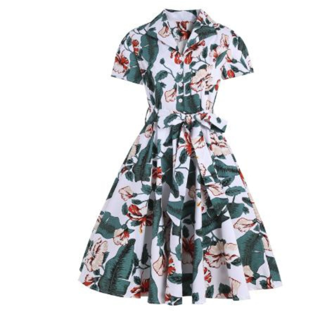 "Frisches Damen Sommerkleid mit Zitronenprint, Kurzarm, tailliert und knielang, Vorderansicht, fröhlich und stilvoll."
