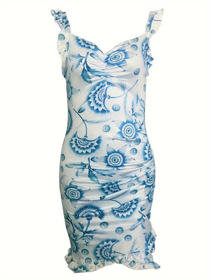 "Geblümtes Minikleid mit Rüschen für Damen in leuchtenden Sommerfarben, ideal für stilvolle Anlässe und warme Tage."