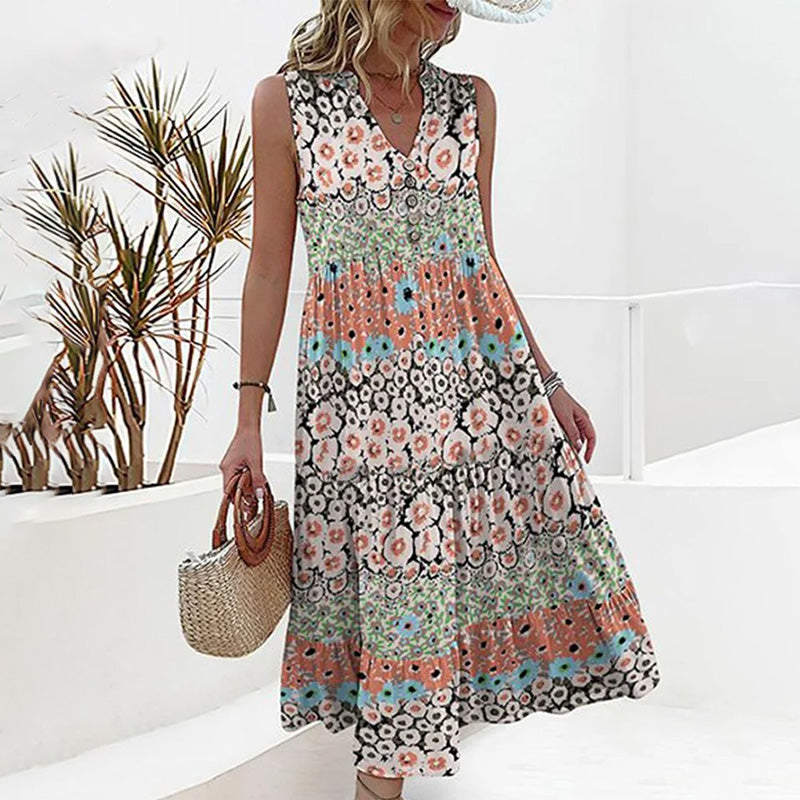 "Geblümtes Sommerkleid für Damen, ärmellos mit V-Ausschnitt, eleganter Blumenmuster, stilvoll für sommerliche Anlässe."