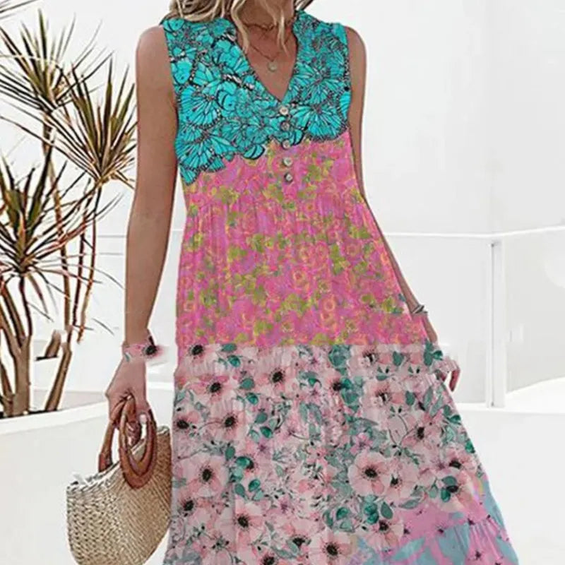 "Geblümtes Sommerkleid für Damen, ärmellos mit V-Ausschnitt, eleganter Blumenmuster, stilvoll für sommerliche Anlässe."