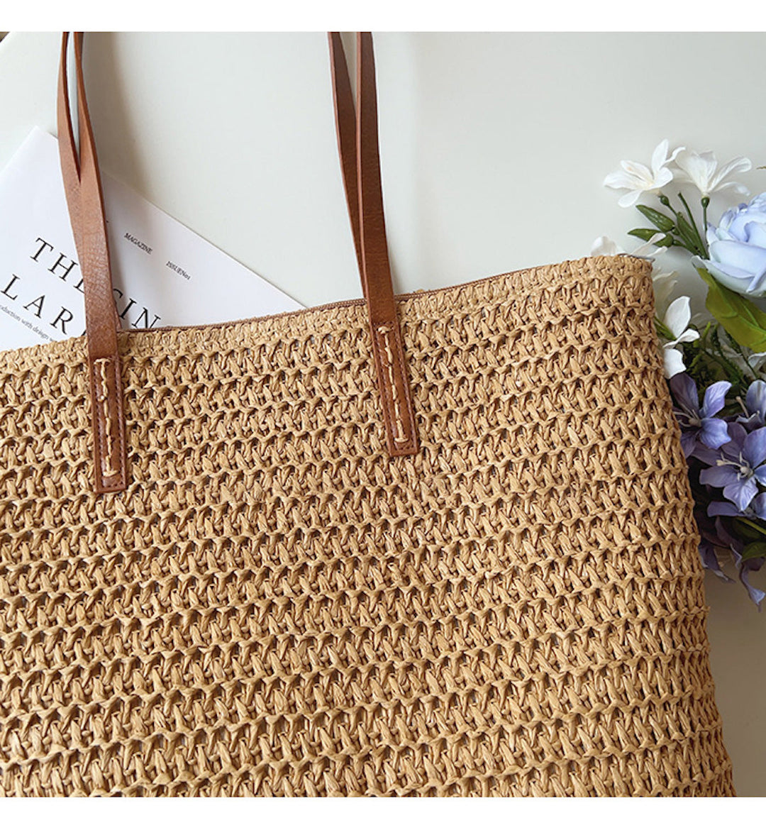 Geflochtene Korbtasche aus Rattan mit stilvollen Lederhenkeln, perfekt für den Sommer, Frauen-Tasche, elegant und geräumig.
