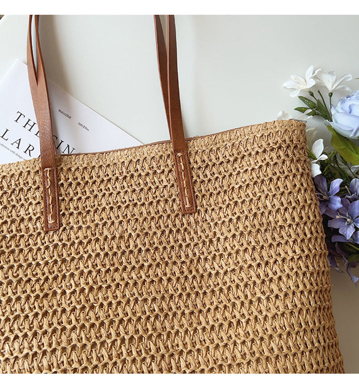 Geflochtene Korbtasche aus Rattan mit stilvollen Lederhenkeln, perfekt für den Sommer, Frauen-Tasche, elegant und geräumig.