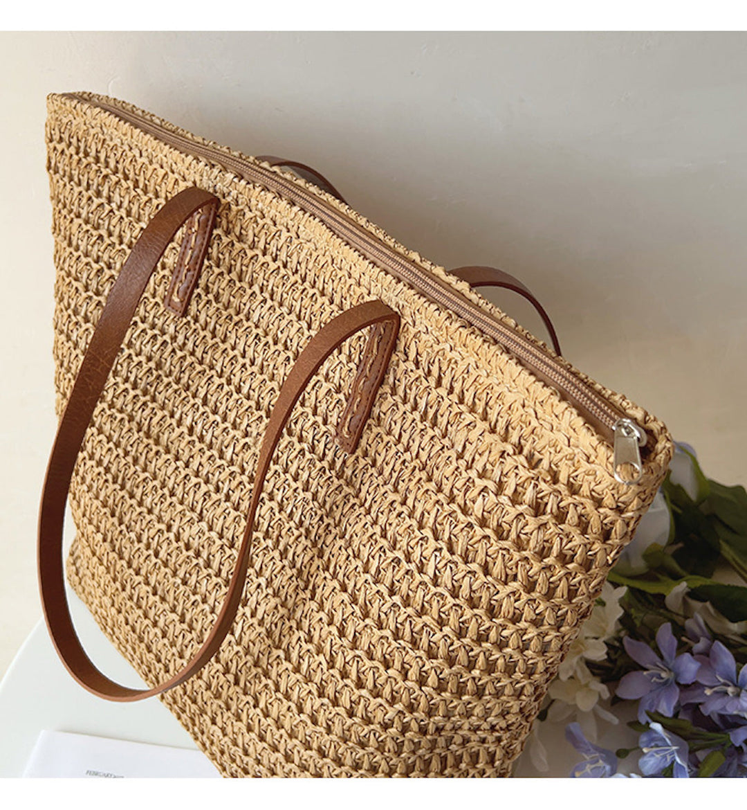 Geflochtene Korbtasche aus Rattan mit stilvollen Lederhenkeln, perfekt für den Sommer, Frauen-Tasche, elegant und geräumig.
